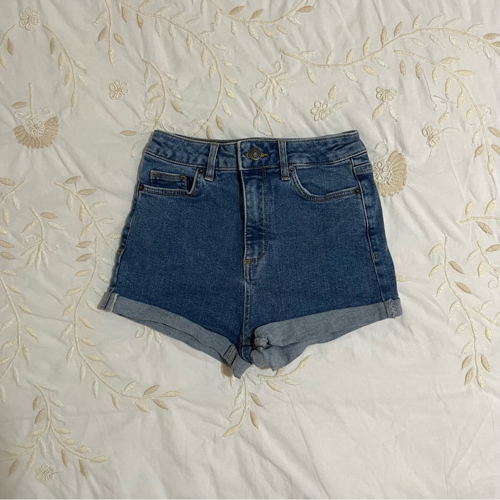 Subdued Blue Denim High Waist Shorts, 21